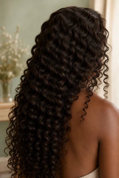 Dark brown 2C wavy hair with deep waves starting at the root and scattered ringlets at the ends