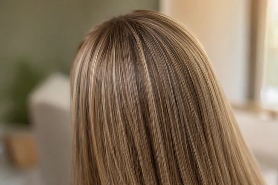 Babylights woven as ultra-fine blonde strands through light brown hair, creating sun-kissed luminosity