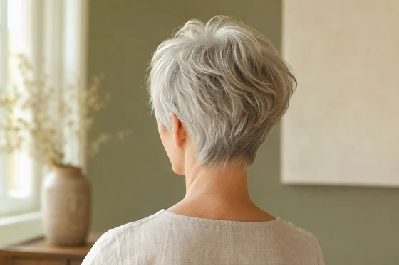 Silver-gray bixie haircut on fine hair seen from behind, with stacked layers lifting the crown