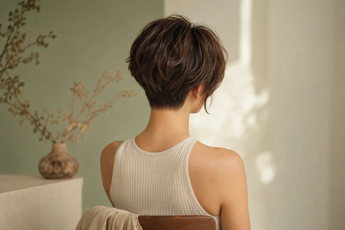 Bixie haircut from behind showing a cropped nape and longer choppy layers stacked at the crown