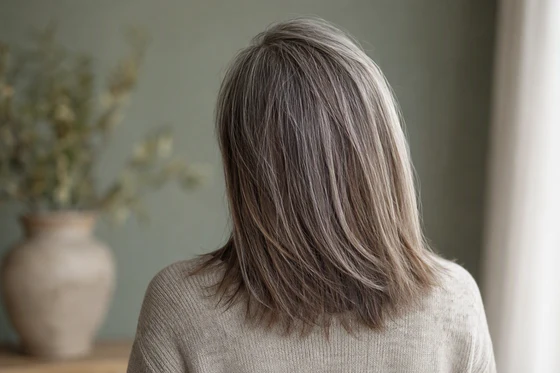 Blended gray transition with fine highlights and lowlights diffusing silver roots into ash brown lengths