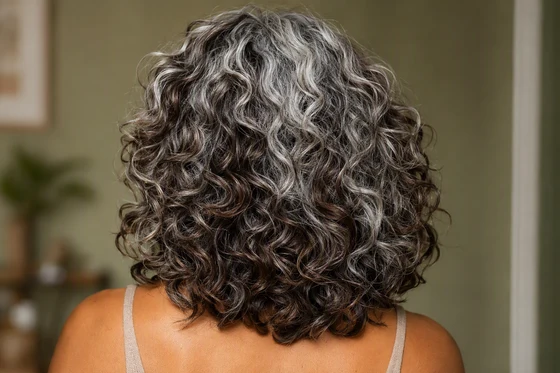 Curly shoulder-length hair blending silver-gray strands with deep brown lowlights, photographed from behind