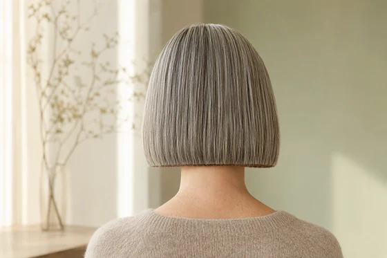 Back view of a blunt chin-length bob on fine salt-and-pepper gray hair with a dense straight hemline