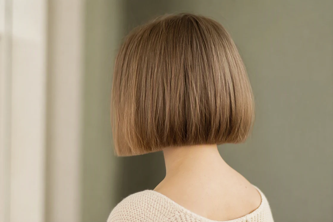 Back view of fine ash-brown hair in a jaw-length blunt bob with a dense one-length perimeter