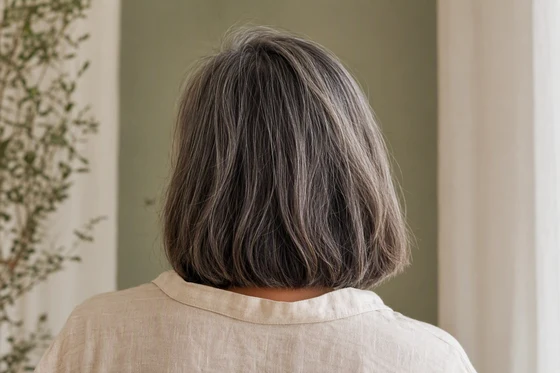Salt-and-pepper hair cut one length to the collarbone, showing a dense blunt hemline from behind