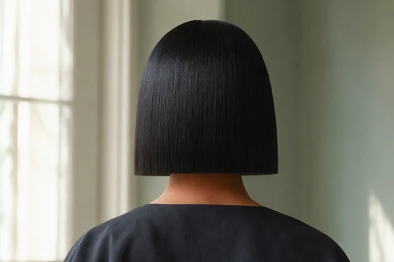 Box bob on straight black hair from behind, showing a solid squared jaw-length perimeter with sharp corners