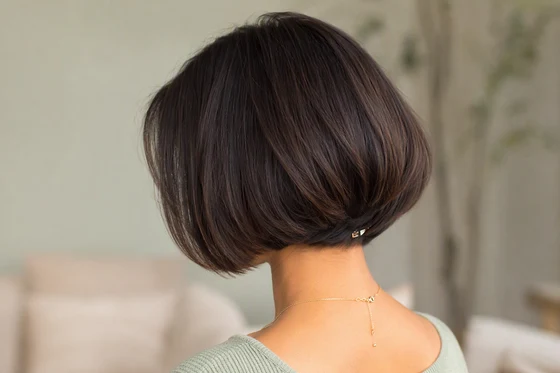 Butterfly haircut with the long tier pinned up underneath, reading as a chin-length faux bob
