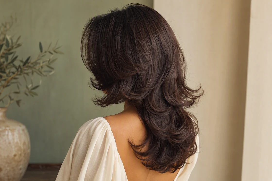 Butterfly haircut from the side-back showing short chin-level wing layers over long shoulder-length layers