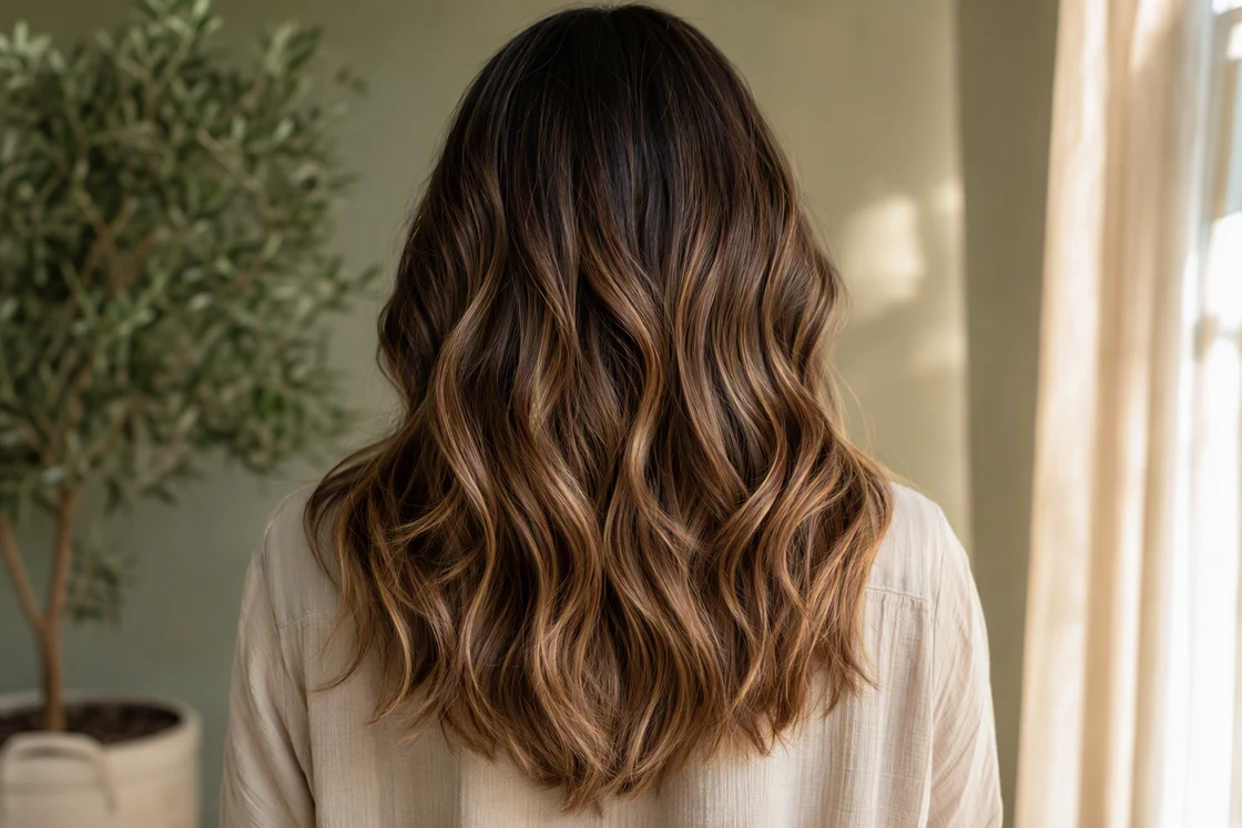 Warm caramel balayage on long wavy medium brown hair with natural dark roots, seen from behind