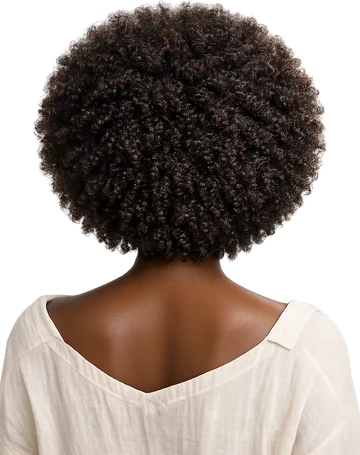 Voluminous dark coily natural hair in a rounded shape