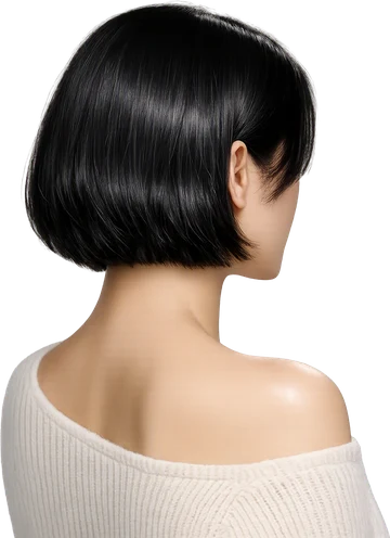 Jet-black jaw-length French bob seen from behind