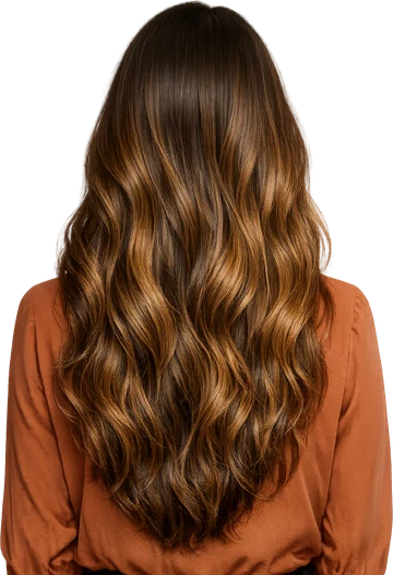 Long caramel balayage waves with darker roots