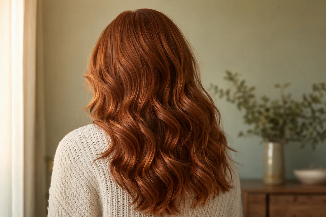 Long classic copper hair in glossy loose waves, seen from behind in warm window light