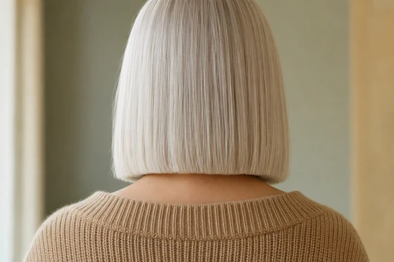 Blunt collarbone-length lob from behind on straight silvery-white hair with a strong straight hemline