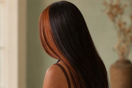 Copper money piece glowing against sleek dark brown hair, seen over the shoulder