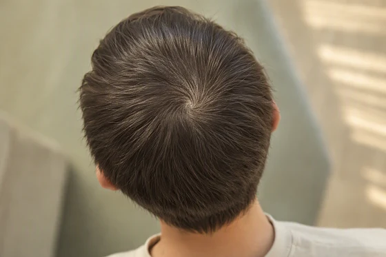 Spiral crown cowlick in short straight dark hair viewed from above, strands standing against the grain
