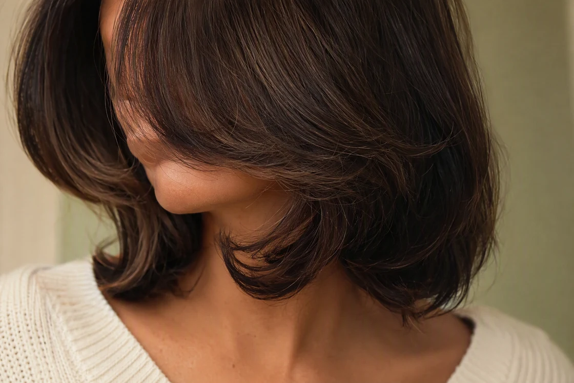 Center-parted curtain bangs with cheekbone-length pieces sweeping outward into chin-length face-framing layers