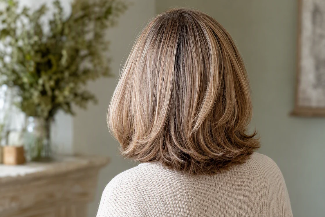 Dimensional bronde hair with woven dark blonde and chestnut tones on a woman photographed from behind