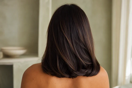 Espresso brown hair with muted caramel dimension against olive-toned neck and shoulder skin