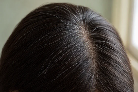 Close view of scattered silver strands along the part line of dark brown hair