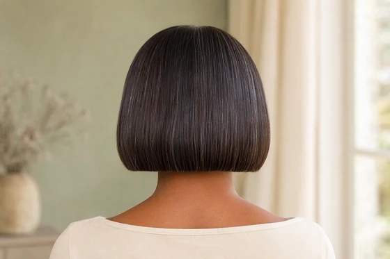 Back view of a jaw-length French bob in glossy espresso-brown hair with a blunt dense perimeter