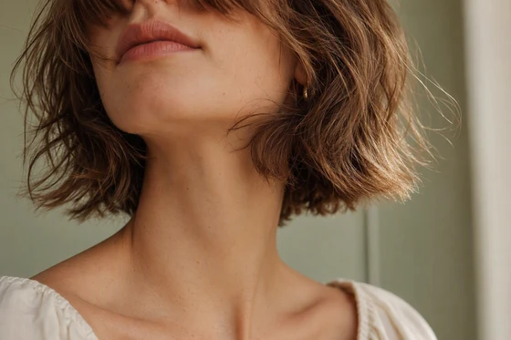 Short French bob with a choppy brow-grazing fringe and texturized ends, cropped below the eyes