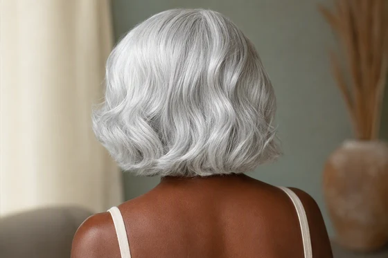 Bright glossed silver-white wavy hair against deep skin tone, photographed from behind