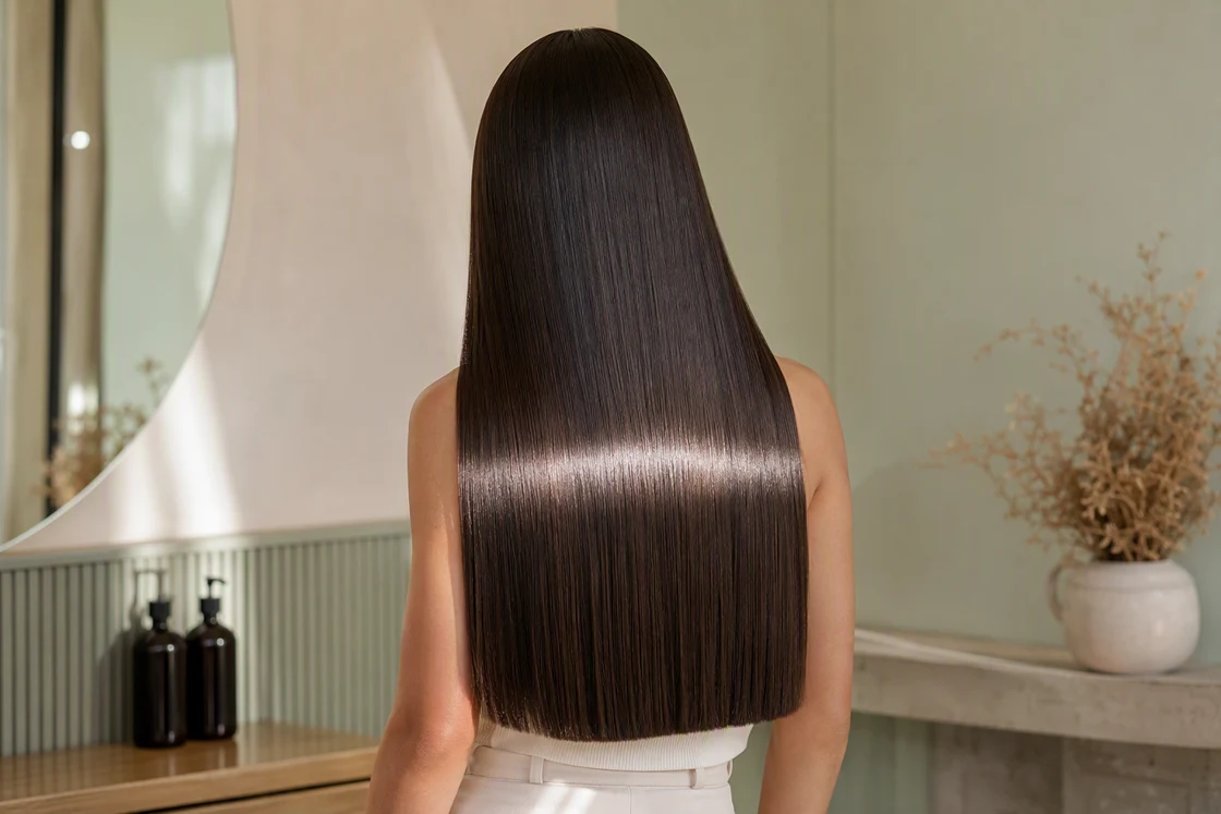 Blunt-cut dark brunette hair with mirror-like glass hair shine after a gloss treatment, seen from behind