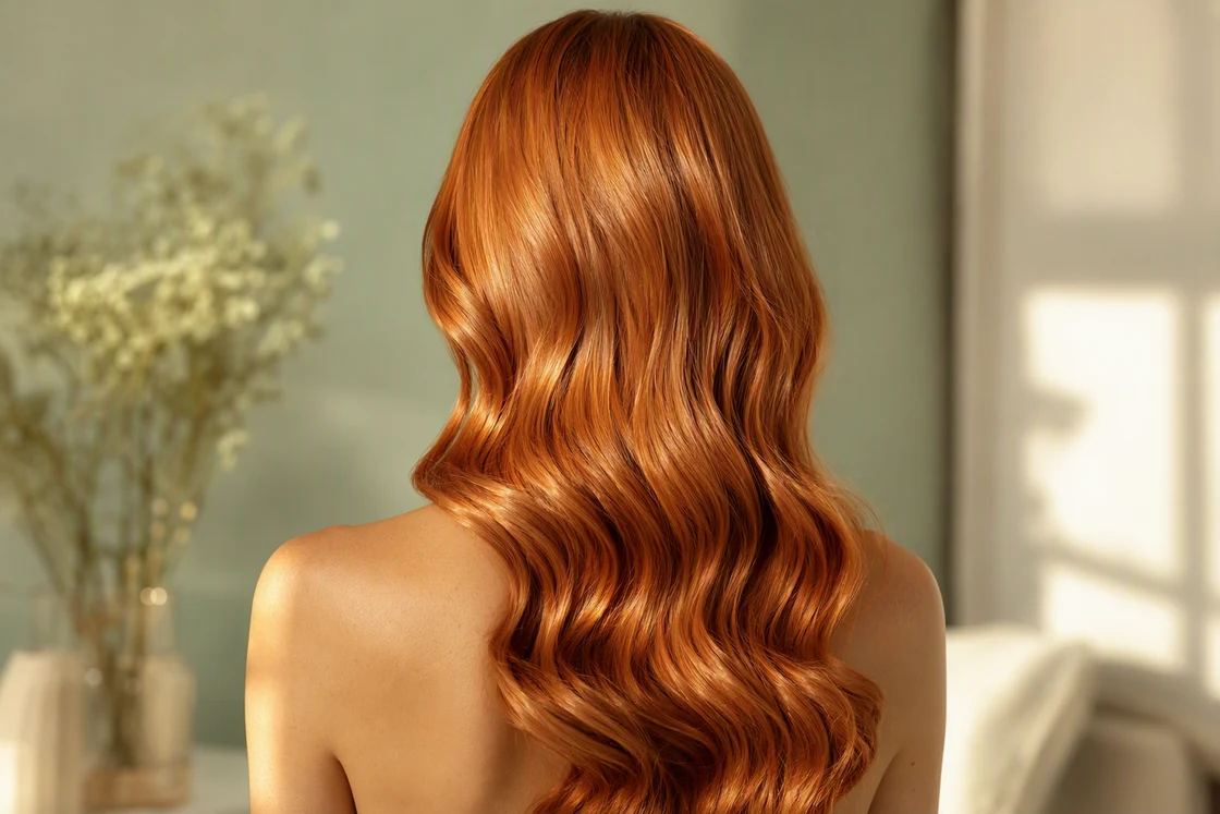 Glossy copper hair in loose waves against fair warm-toned neck and shoulder skin, seen from behind