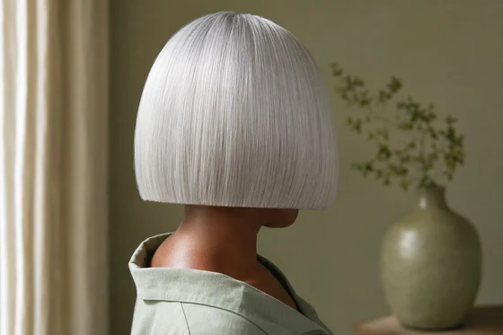 Glossy silver bob with a sharp blunt hemline, shown in profile with the face out of frame