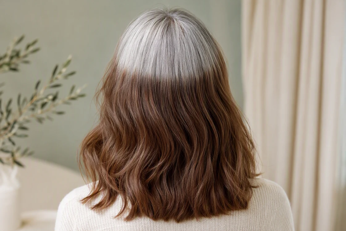 Silver gray regrowth transitioning into dyed brown lengths, seen from behind during a grow-out