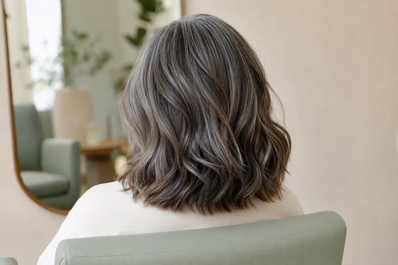 Salt-and-pepper hair with silver strands softly blended by a translucent gloss, photographed from behind