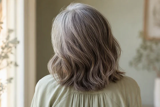 Shoulder-length hair from behind showing silver roots blended into ash-brown lengths with fine highlights