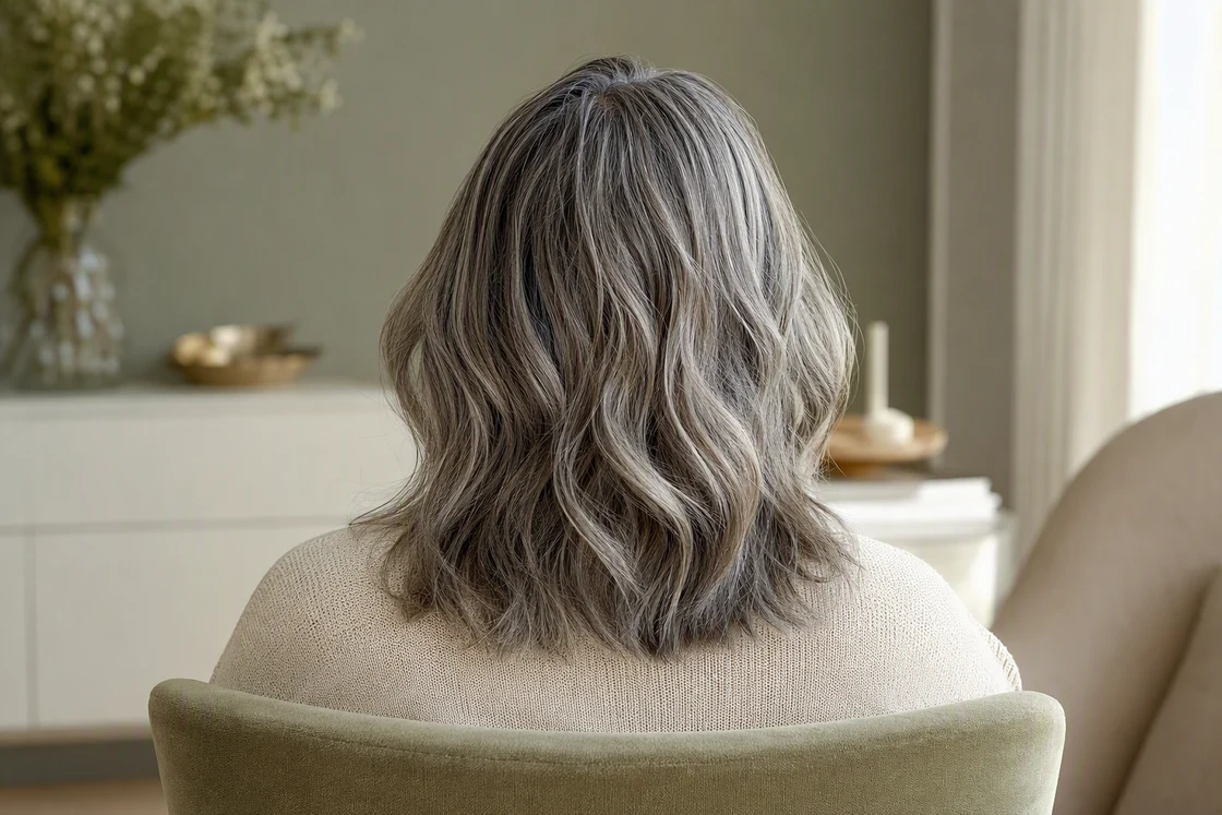 Salt-and-pepper hair with fine silver highlights and charcoal lowlights blended into soft waves, seen from behind