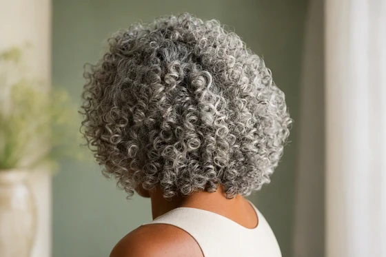 Silver-white coily curls in a rounded collarbone-length cut with defined spirals, seen from behind