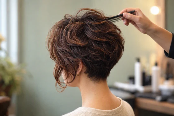 Pixie grow-out at the bixie stage with a trimmed nape and longer wavy layers left at the crown