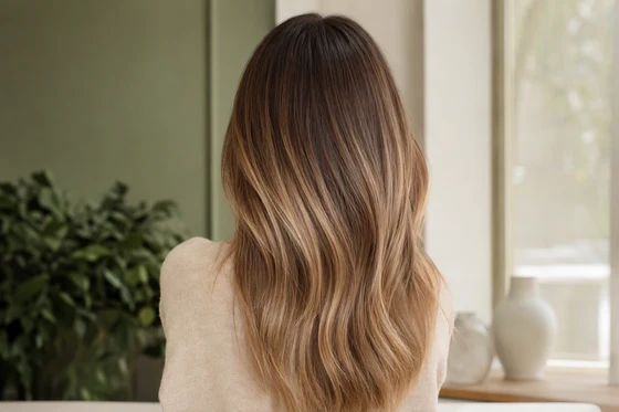 Grown-out balayage showing a soft diffused transition from darker roots into honey blonde lengths
