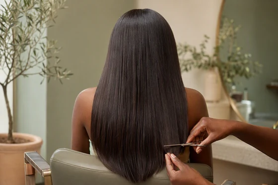 Stylist dusting millimeters off long straight dark brown hair, client photographed from behind