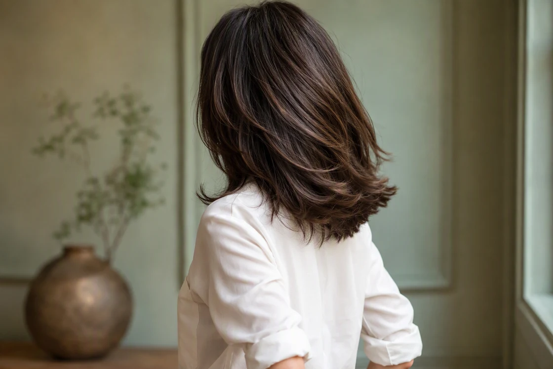 Woman from behind with layered mid-length brunette hair showing scattered natural silver strands