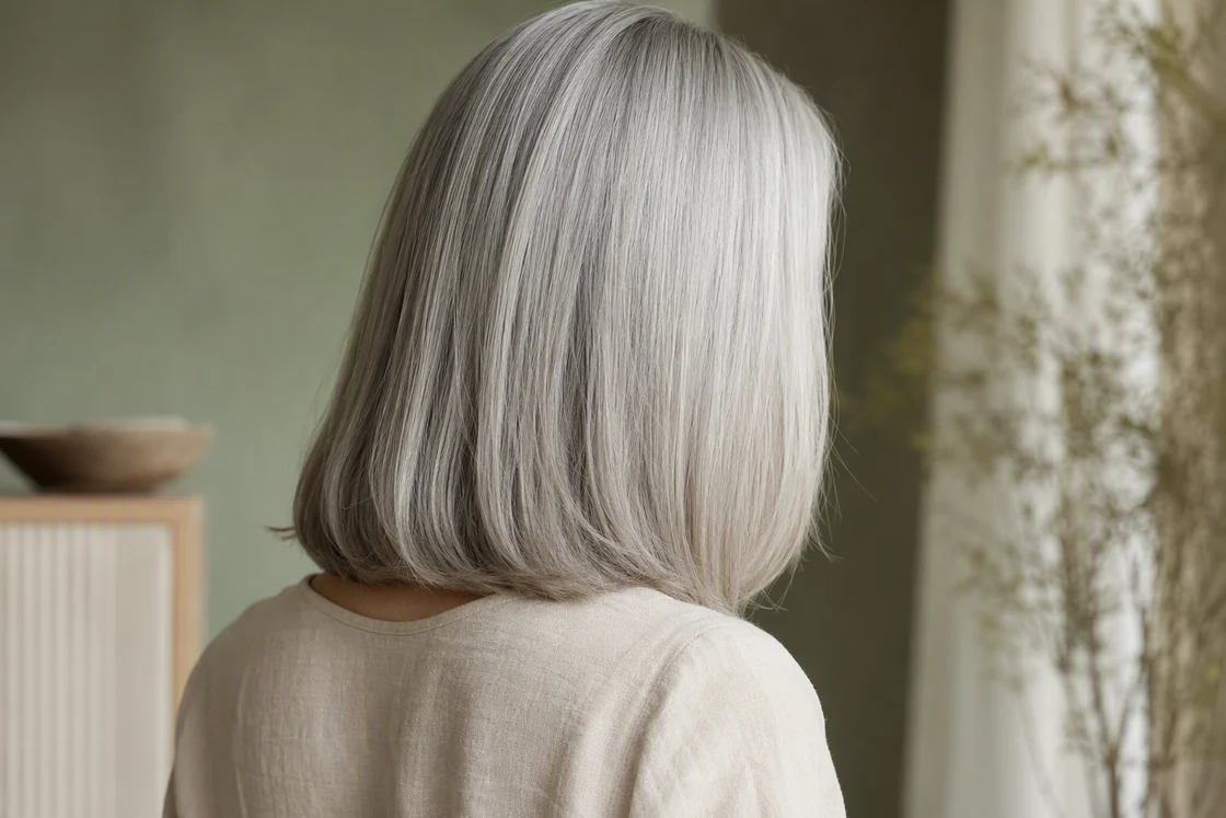 Woman seen from behind with collarbone-length silver-gray hair cut to one strong perimeter line