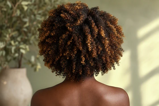 Honey and caramel highlights through coily dark hair against deep brown neck and shoulder skin