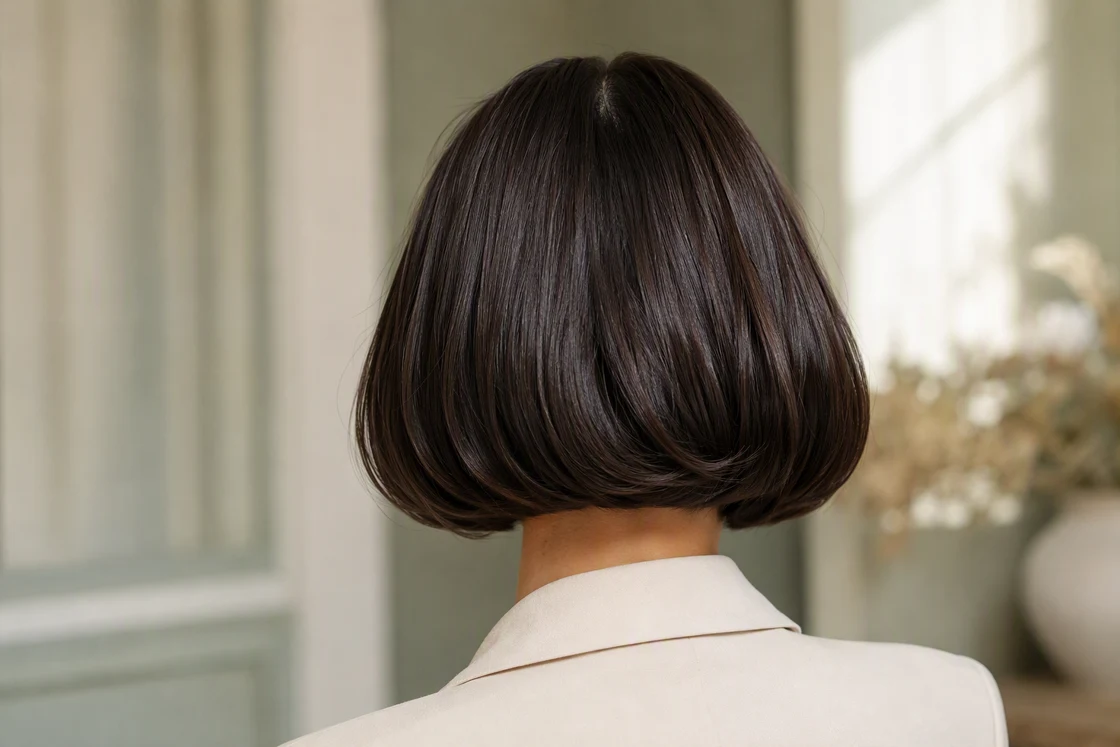 Glossy espresso-brown Italian bob from behind with root volume and a blunt jaw-length perimeter