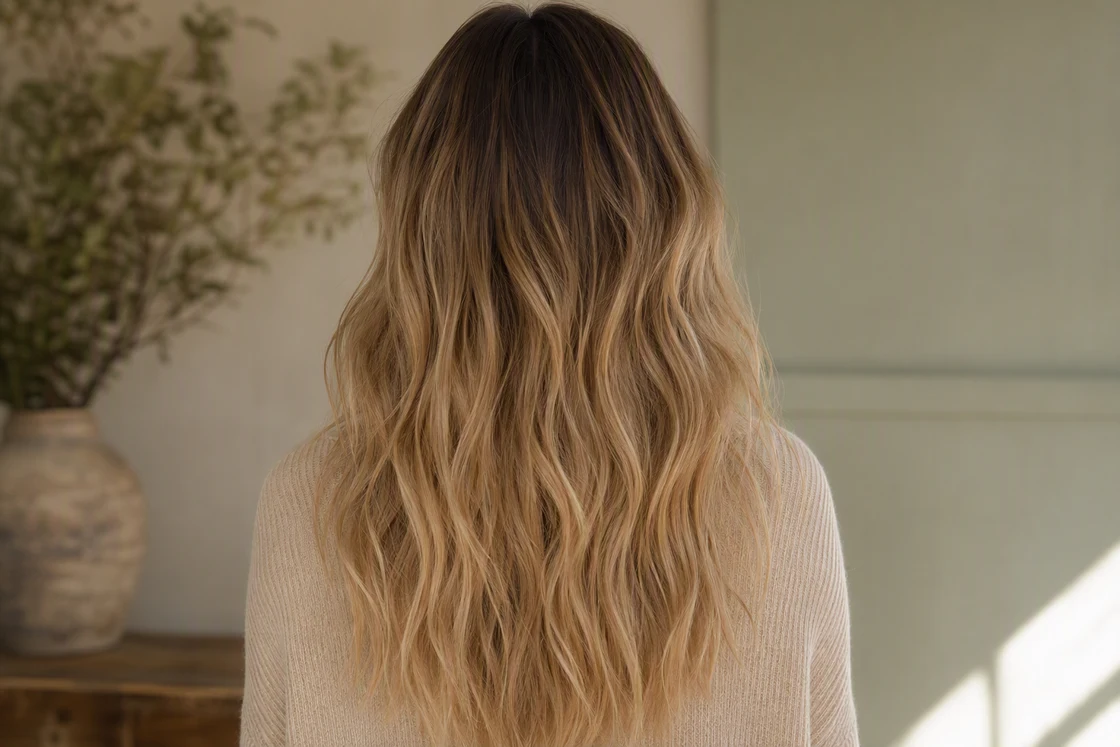 Lived-in bronde hair with a deep shadow root melting into sandy blonde waves, viewed from behind