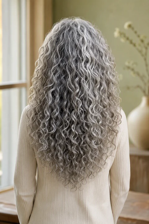 Long curly gray hair from behind, with defined curls and a full, even perimeter at the ends