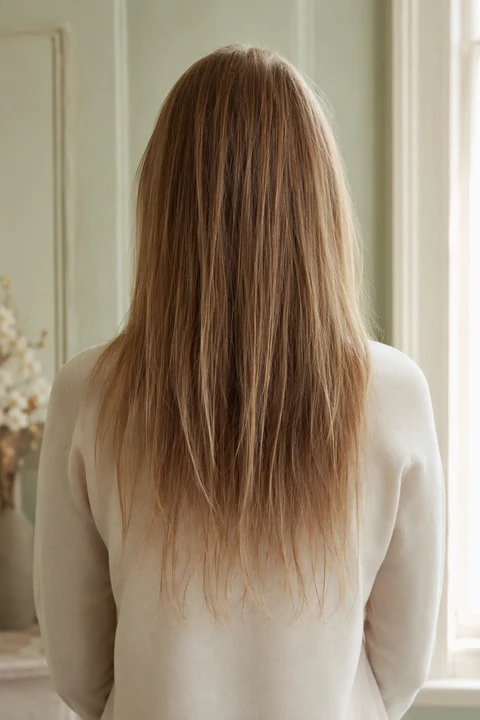 Long layered fine blonde hair from behind with visibly sparse, see-through ends at the bottom