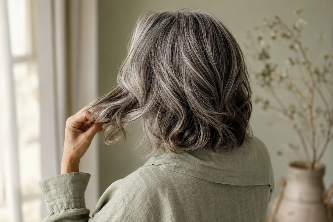 Woman from behind with collarbone-length salt-and-pepper hair in soft separated waves