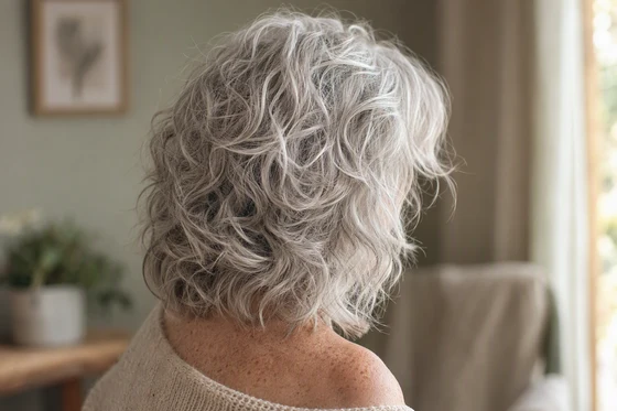 White-silver wavy midi shag with stacked layers and air-dried texture, seen from the side-back