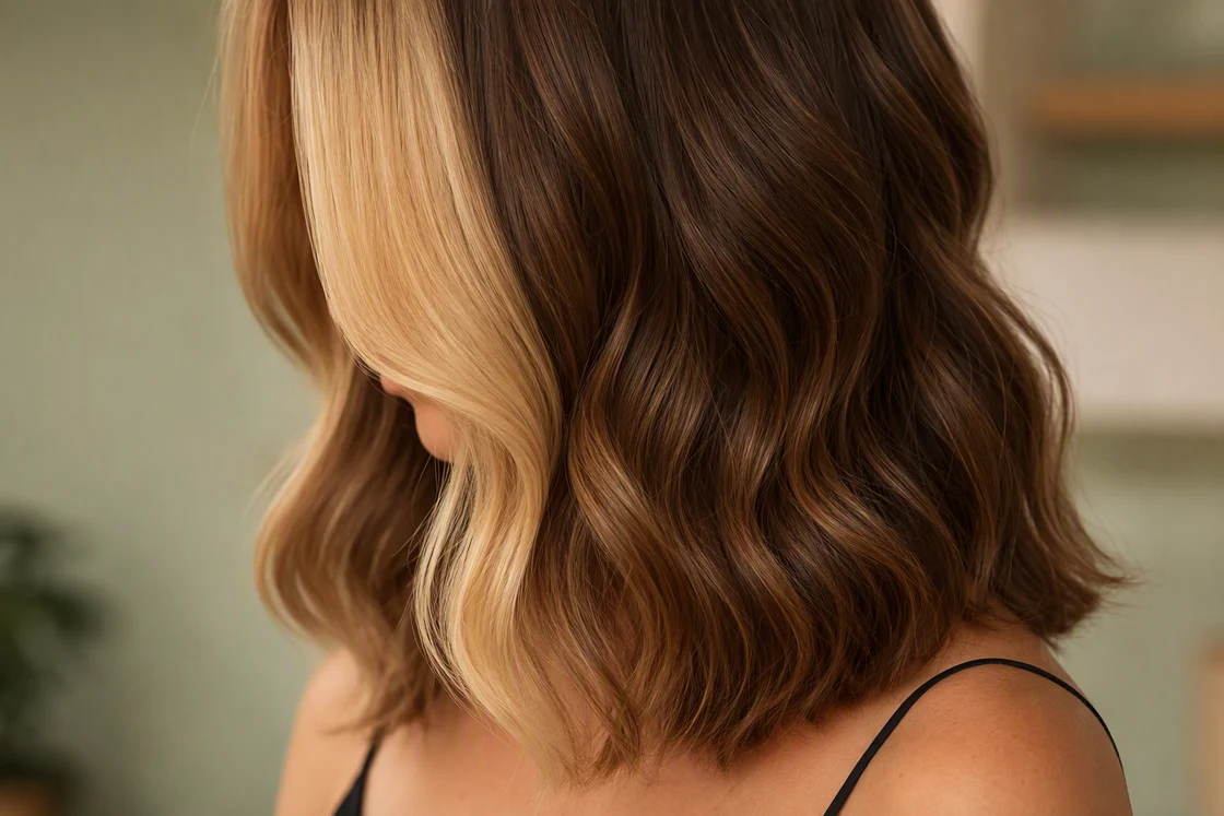 Honey blonde money piece highlight framing the face against wavy medium brown hair