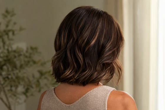 Rich chocolate brunette hair with fine chestnut and caramel dimension, photographed over the shoulder from behind