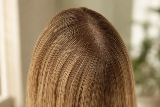 Crown and part line of highlighted hair with a root smudge blending regrowth into the color